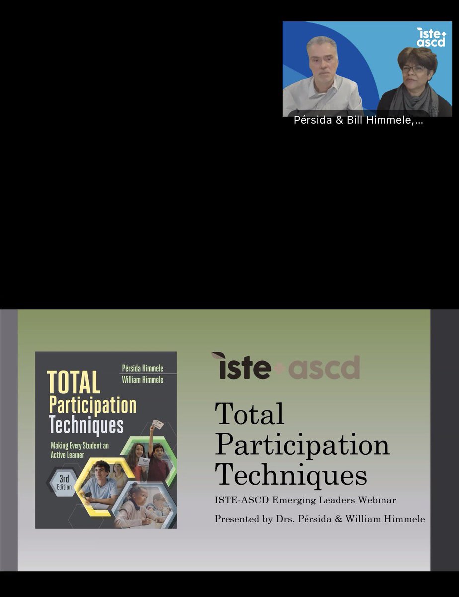 tcconley29's tweet image. So excited for this @ISTE_ASCD  webinar! Total Participation Techniques by Pérsida Himmele &amp;amp; William Himmele.  Sharing powerful techniques strategies to help every student think, respond, and engage with active participation #ISTECL #Edtech @Lit4DigCit #MIEExpert
