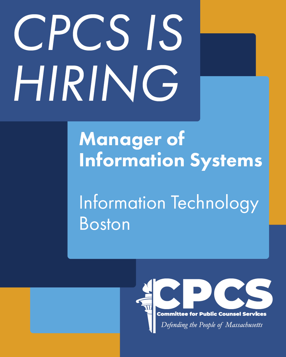 CPCSnews's tweet photo. CPCS is seeking a Manager of Agency Information Systems to oversee the day-to-day operations agency’s custom application development, databases, and maintenance efforts as well as manage a team of developers, analysts, and vendors. Apply today.

https://t.co/GLTRMotnTQ https://t.co/0XKu5dybcl