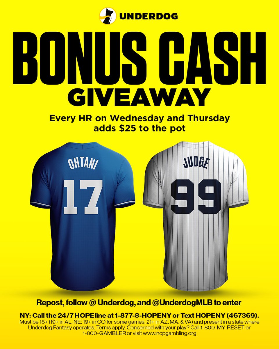 Underdog's tweet image. 🚨 BONUS CASH GIVEAWAY 🚨

We're adding $25 to the pot for every Home Run hit over the next two days.

The total will be split among 10 people who...
1⃣ Repost this
2⃣ Follow us @Underdog
3⃣ Follow @UnderdogMLB
