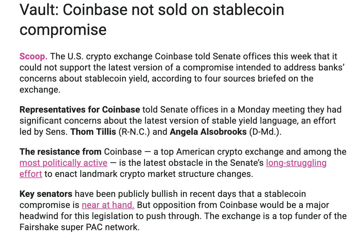 BrendanPedersen's tweet photo. News in PBN Midday: Coinbase told Senate offices this week it could NOT support the late st version of a stablecoin yield compromise. 

Key senators have been projecting optimism over the last few days about a deal being close. Coinbase killed  the last markup over yield concerns https://t.co/OopFDJ2K2x
