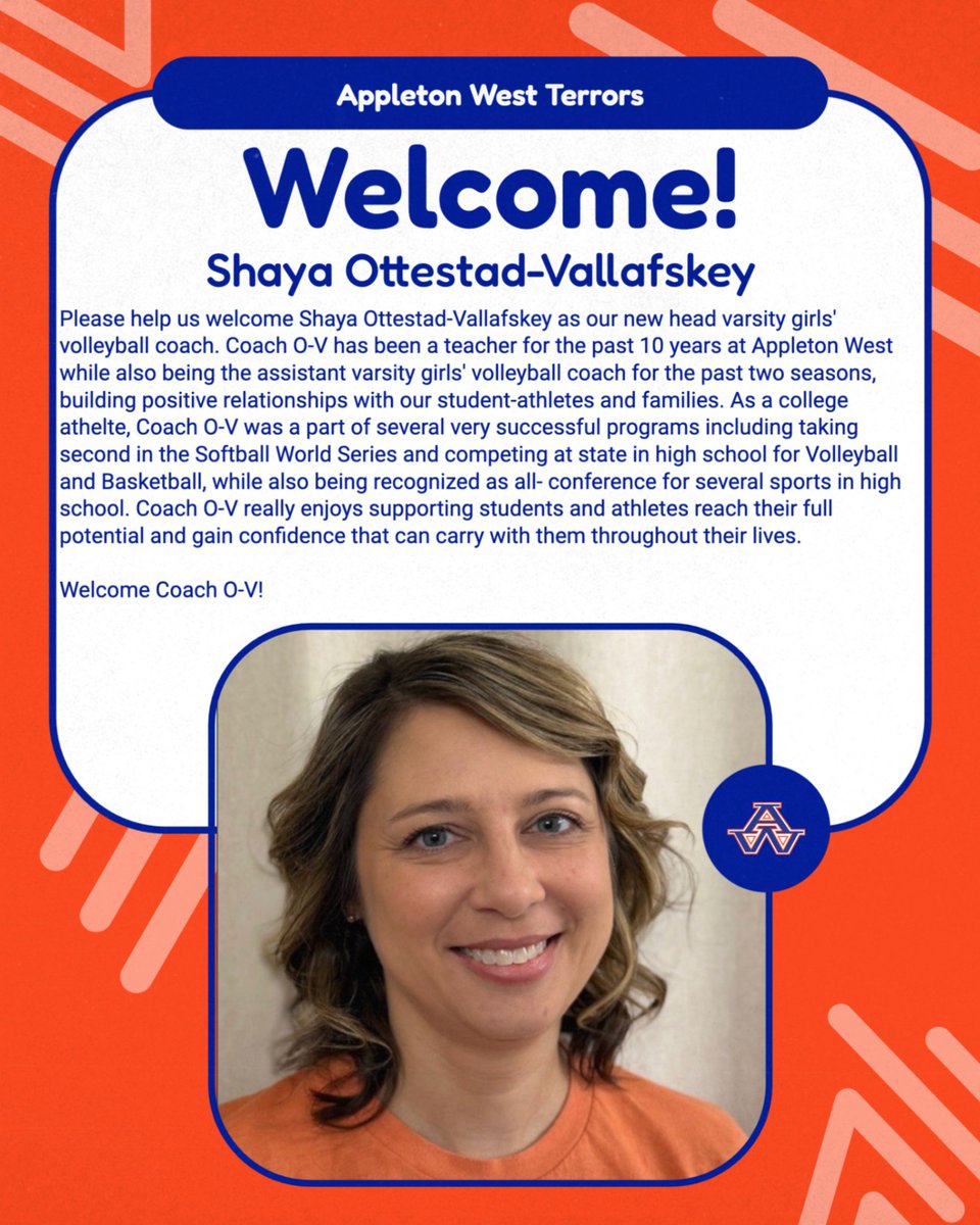 appletonwestad's tweet photo. Please help us welcome Shaya Ottestad-Vallafskey as our new @AppletonWest head varsity girls' volleyball coach. #TerrorPride @AWTerrorBackers https://t.co/xKiV6MV01N