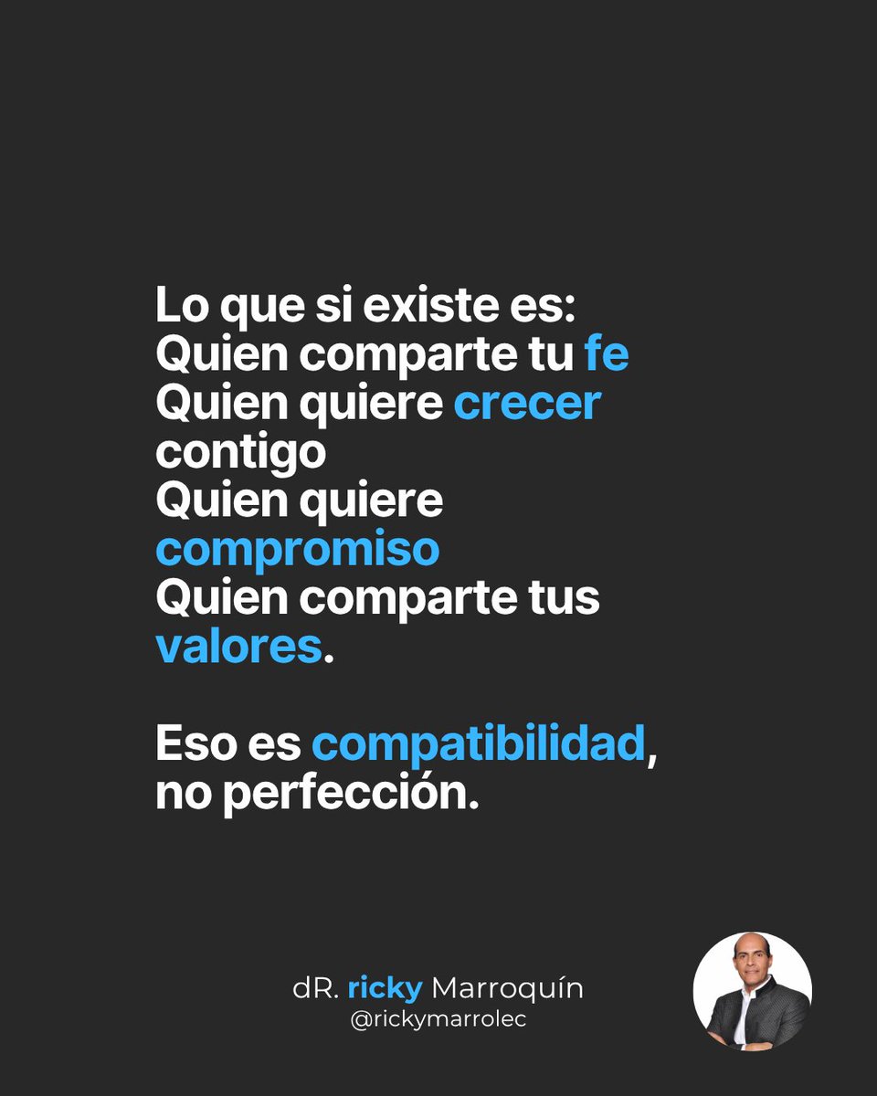 rickymarrolec's tweet photo. Muchos de mis solteros no encuentran pareja
porque buscan perfección. Y eso… no existe.

Creen que son “estándares” altos,
pero en realidad son estándares no existentes.

Recuerden que Dios no nos tiene una persona perfecta,
nos tiene a una persona IDONEA.
Génesis 2.18

Alguien que nos ayuda, no alguien que no falla.

Pero muchos solteros hoy están
rechazando personas correctas…
porque no cumplen su fantasía perfecta.

Si esperas amor sin conflicto,
conexión sin incomodidad,
relación sin proceso,
Y sexo sin compromiso…
Te quedarás solo.