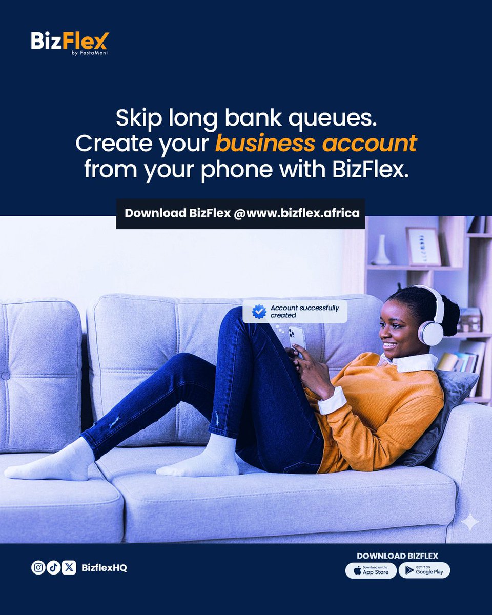 bizflexhq's tweet image. Skip long bank queues and open your business account in minutes with BizFlex, right from your phone.

It's fast, secured and built for Nigerian entrepreneurs.

Download now 👉 bizflex.africa

#bizflexafrica #smesnigeria #fintechapp #openaccountonline