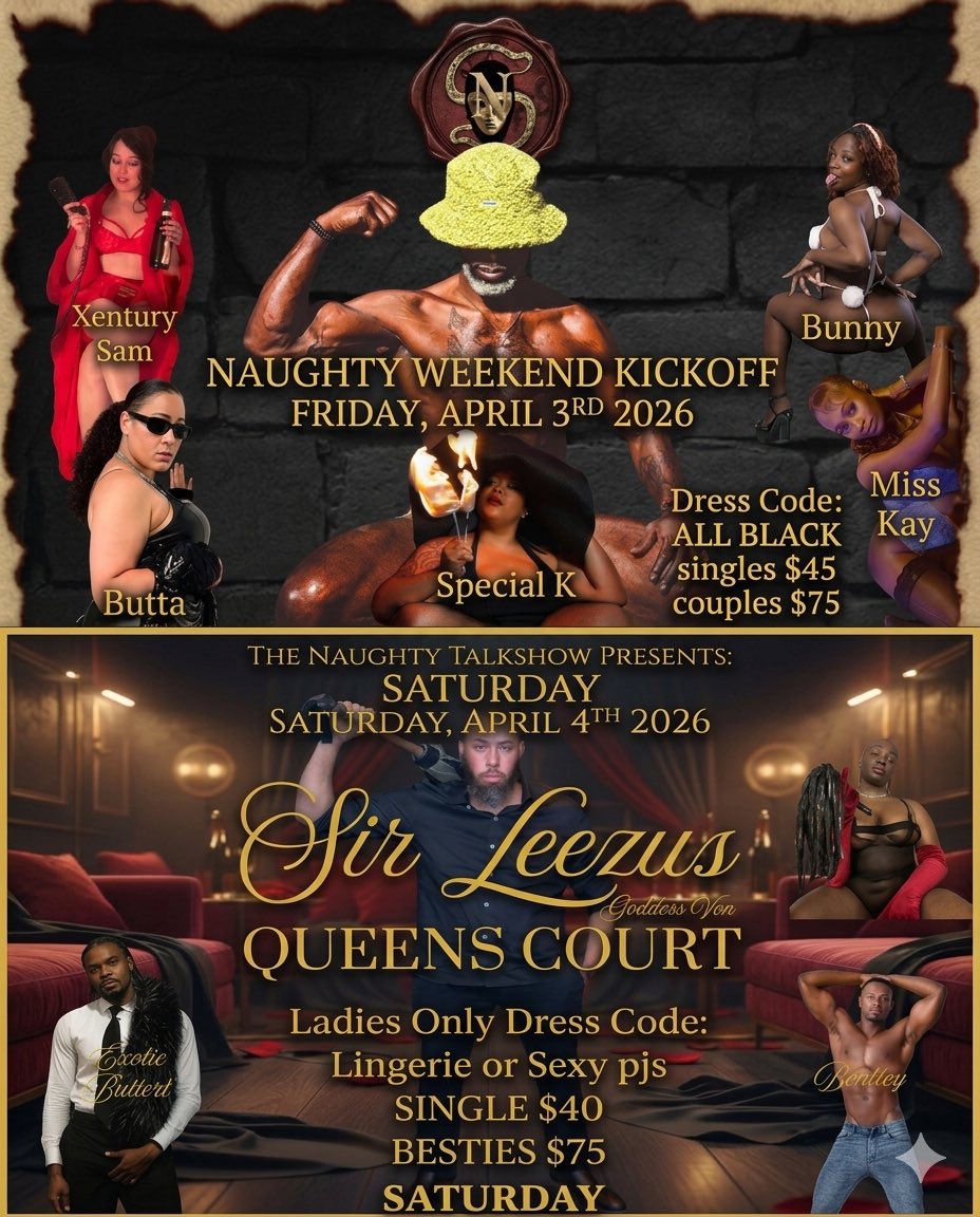 GoddessNickey_'s tweet photo. One weekend. Two completely different vibes. ⛓️✨
Friday: All Black Everything 🖤
Saturday: Lingerie &amp; Sexy PJs 👑
Which night are you pulling up?
Get tickets here: https://t.co/h31DzvWbax 🥂
#NaughtyTalkshow #LadiesNight #WeekendVibes https://t.co/rwX2Od81x1