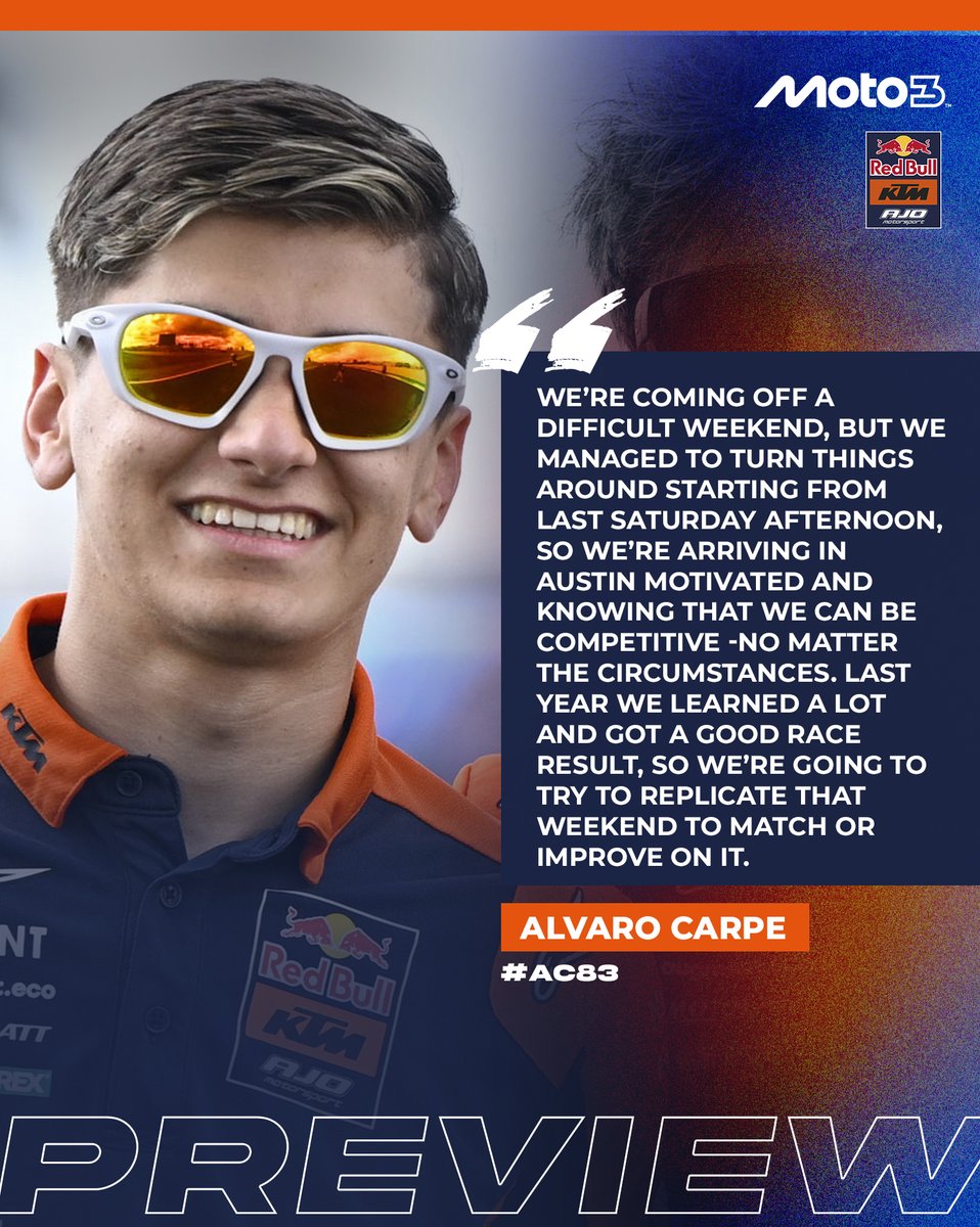 RedBull_KTM_Ajo's tweet image. 🎙️ Alvaro Carpe

| #AC83 | #Moto3 | #Preview | #USGP🇺🇸 |