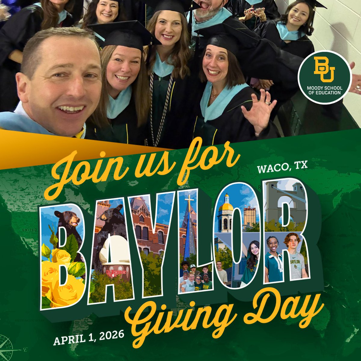 BaylorSOE's tweet photo. ONE WEEK AWAY! Join us for Baylor Giving Day! Moody School of Education is sending graduates into the world to make a difference! Help us by contributing!
.
GIVE NOW: https://t.co/87jKKZCa68 https://t.co/JrDSLbr4tt