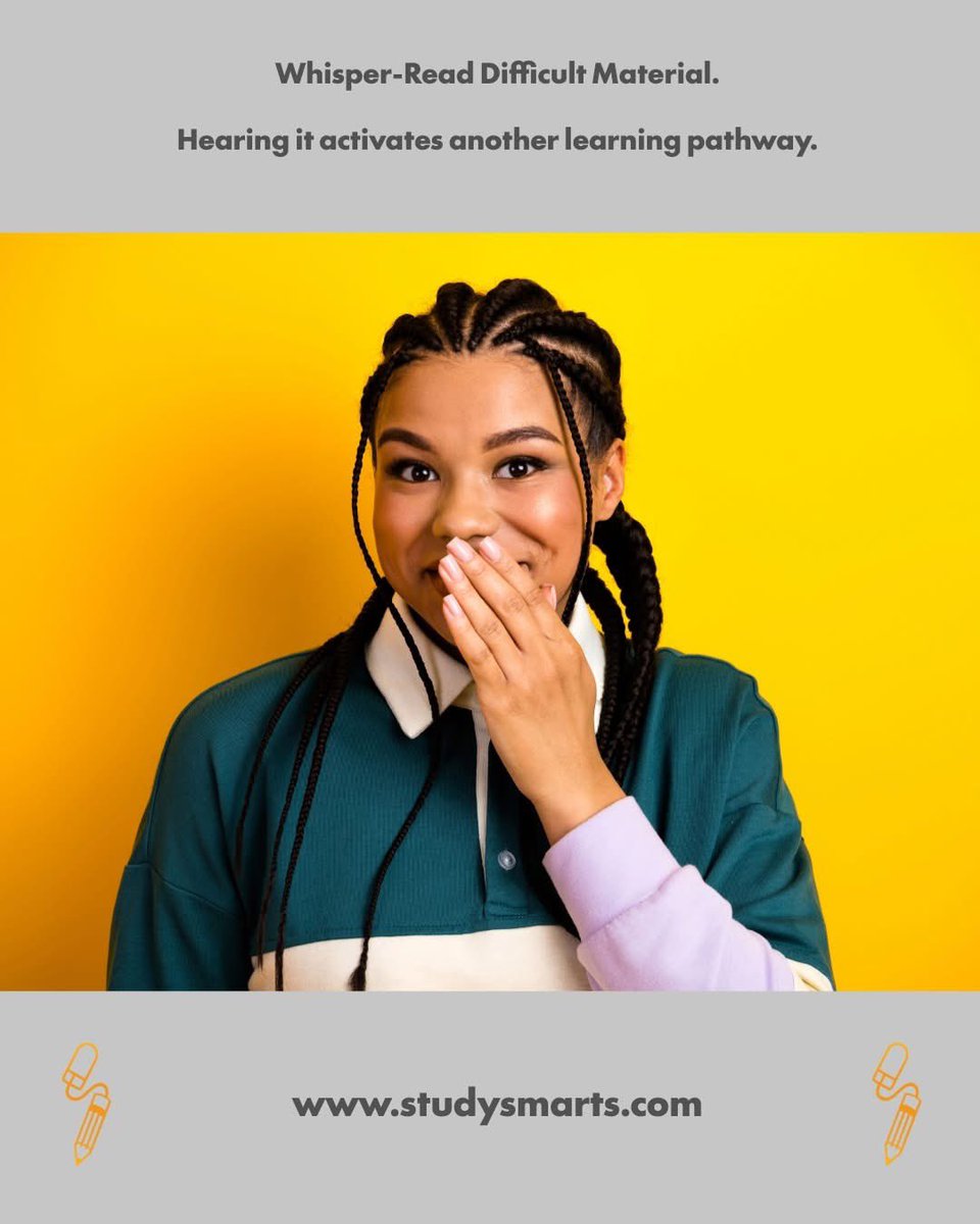 StudySmarts's tweet photo. Whisper-Read Difficult Material.

Hearing it activates another learning pathway. https://t.co/YTfbZ0COzK
