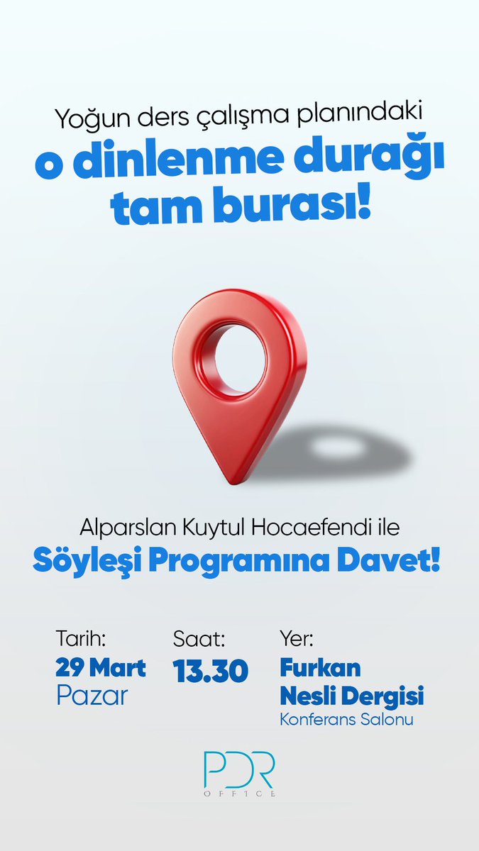 Alparslan Kuytul Hocaefendi ile Söyleşi Programına Davet 📣 

Yoğun ders çalışma planındaki o dinlenme durağı tam da bu söyleşi 📍

AlparslanHocayla Söyleşi
#FurkanGençÜniversite
#TemizAkıl
#PDROffice