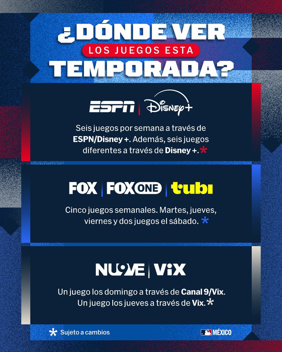 AgendaDeport22's tweet image. Dan a conocer donde podrán ver esta temporada la #MLB
#ESPN 6 Juegos por TV  y otros 6 exclusivos de #DisneyPlus
#Fox 5 Juegos por semana, varía el día 
#Televisa 2 juegos por semana 1 en TV abierta y el otro por Vix
#Apple TV 2 Juegos exclusivos de Viernes
#AgendaDeportiva
