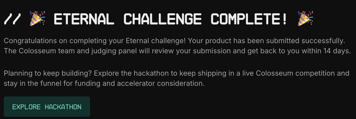 Bondum_App's tweet photo. COLOSSEUM ETERNAL COMPLETE 🎉

We’ve officially finished the @colosseum Eternal challenge.

From idea to product, shipped in weeks.

Just getting started 🏗️ https://t.co/s3A4bTFGN5