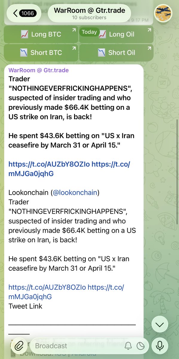 t.me/warroomtrades

>News move fast
>Iran/USA war news moves faster
>polymarket big/unique bets on war.

Just booted up a telegram screener to deliver all imp.  news + ability to quickly take position on $oil, $btc or $gold

Making the impossible possible, thanks <a href="/claudeai/">Claude</a>