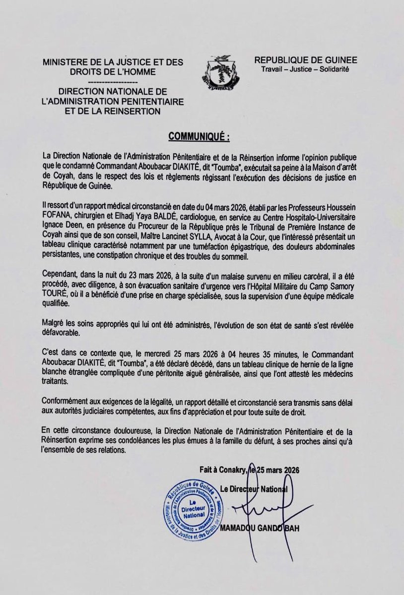 emmanutapsoba's tweet photo. #Guinée🇬🇳 : L’administration pénitentiaire annonce le décès du Commandant #AboubacarDiakité, plus connu sous le nom de « #Toumba » survenu le mercredi 25 mars 2026 à #Conakry. https://t.co/D4iDPCbJFQ
