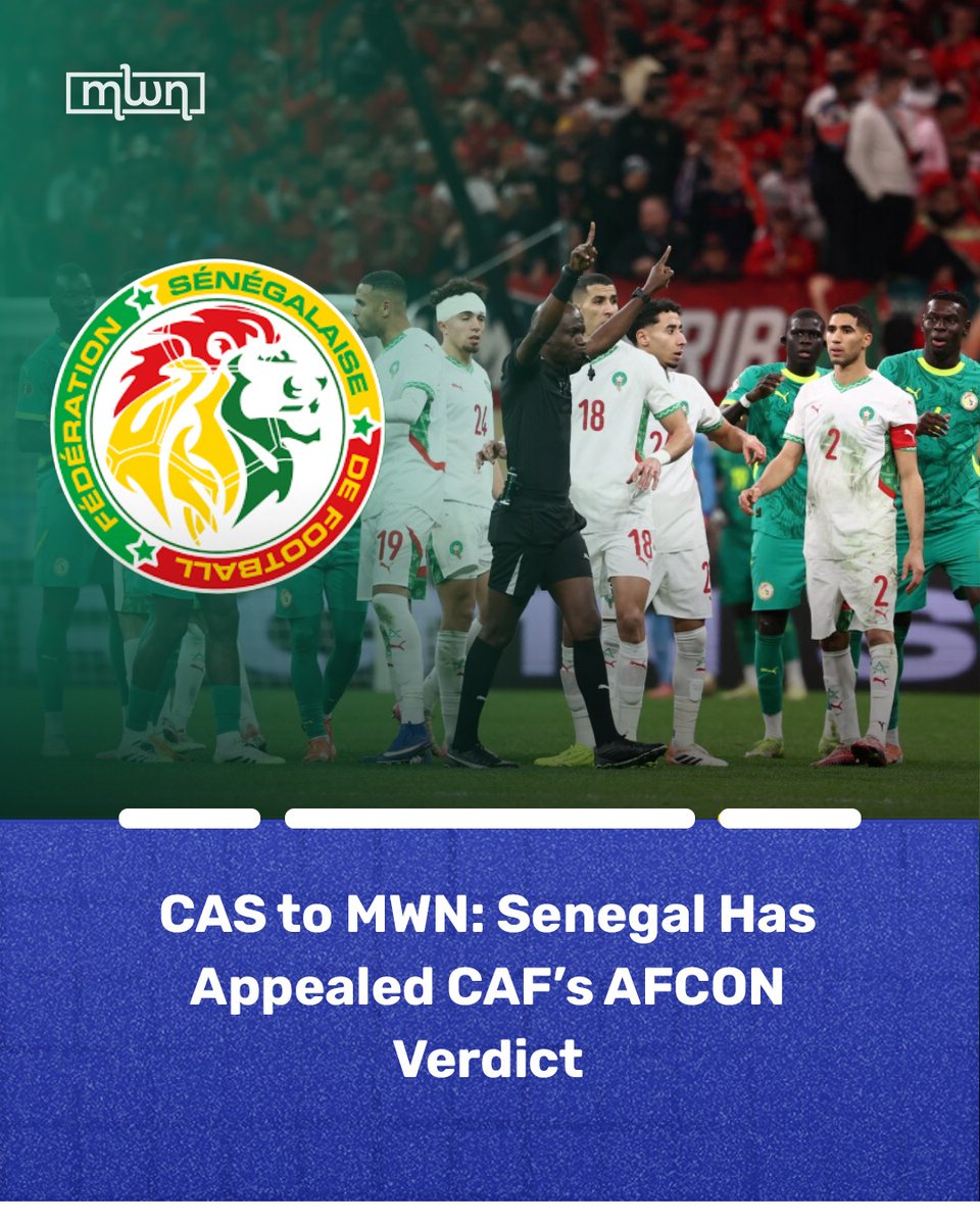 MoroccoWNews's tweet image. The Court of Arbitration for Sport (#CAS) has confirmed to Morocco world news that the Senegalese Football Federation (#FSF) has filed an appeal against the decision that awarded Morocco victory in the 2025 Africa Cup of Nations final.

CAS said it had officially registered the