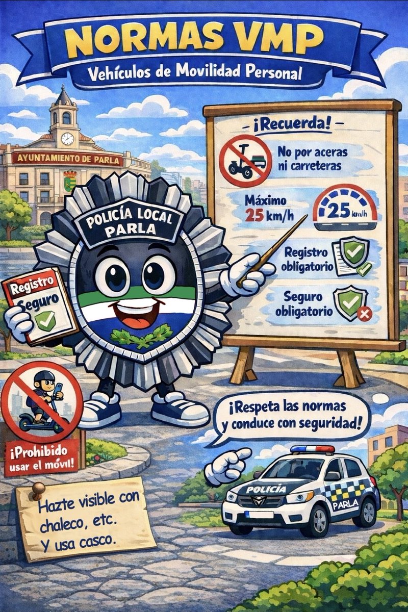 AytoParla's tweet photo. El uso de #patinete también conlleva el cumplimiento de normas como limitación de velocidad, registro y seguro obligatorio, prohibición de circular por aceras o por vía del tranvía #Parla... @PoliciaParla lo recalca en clases de seguridad vial que imparte en centros educativos. https://t.co/PRWYzdVPeI