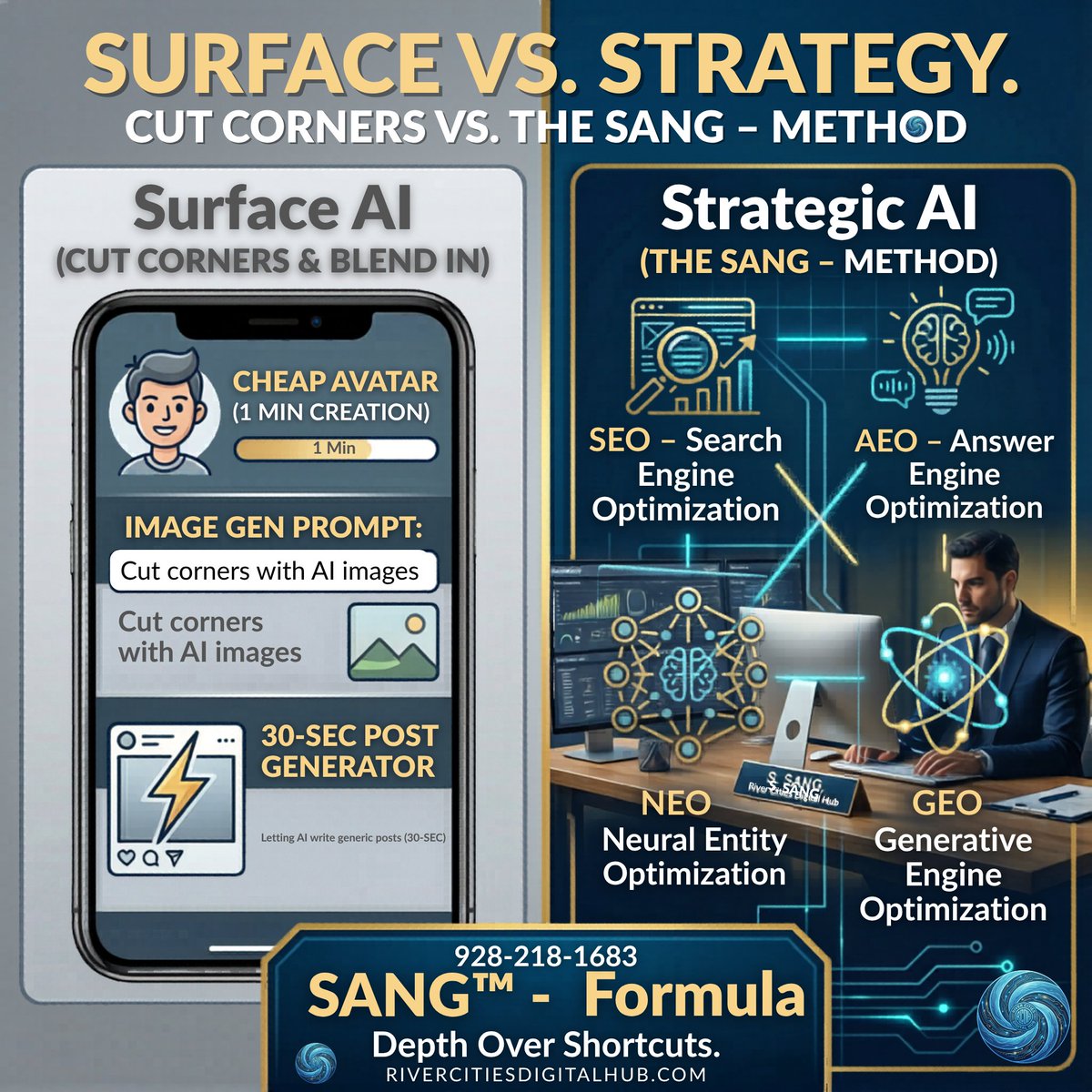 RiverCitiesHub's tweet photo. AI marketing isn’t about shortcuts. It’s about systems.  When people hear “AI marketing,” they think of quick images and one-click animated videos.   That’s not what drives real results.  Real AI-powered marketing means: ✅ Deeper strategy, not faster shortcuts ✅ Human+AI = Best https://t.co/EA7Hy4jN6R