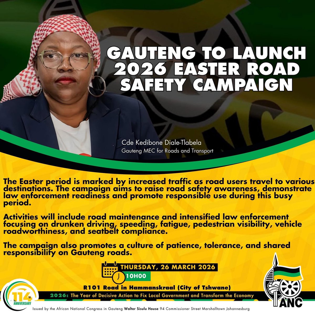 GautengANC's tweet photo. Safer journeys start with all of us
Gauteng launches the 2026 Easter Road Safety Campaign to protect lives through awareness & enforcement.
Slow down. Stay alert. Buckle up.
#SaferRoads #EasterSafety #ArriveAlive https://t.co/svBZp3E2hC