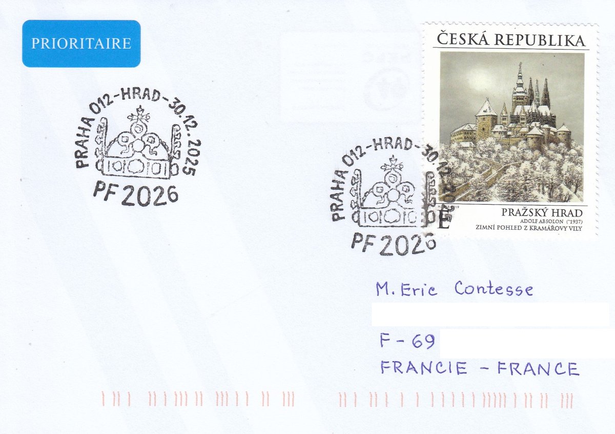 ericcontesse's tweet photo. "PF 2026 - Best Wishes" special postmark on cover from #Czech Republic #PragueCastle  https://t.co/PVoxQd8Xt3 https://t.co/o6dkF7w5Zc