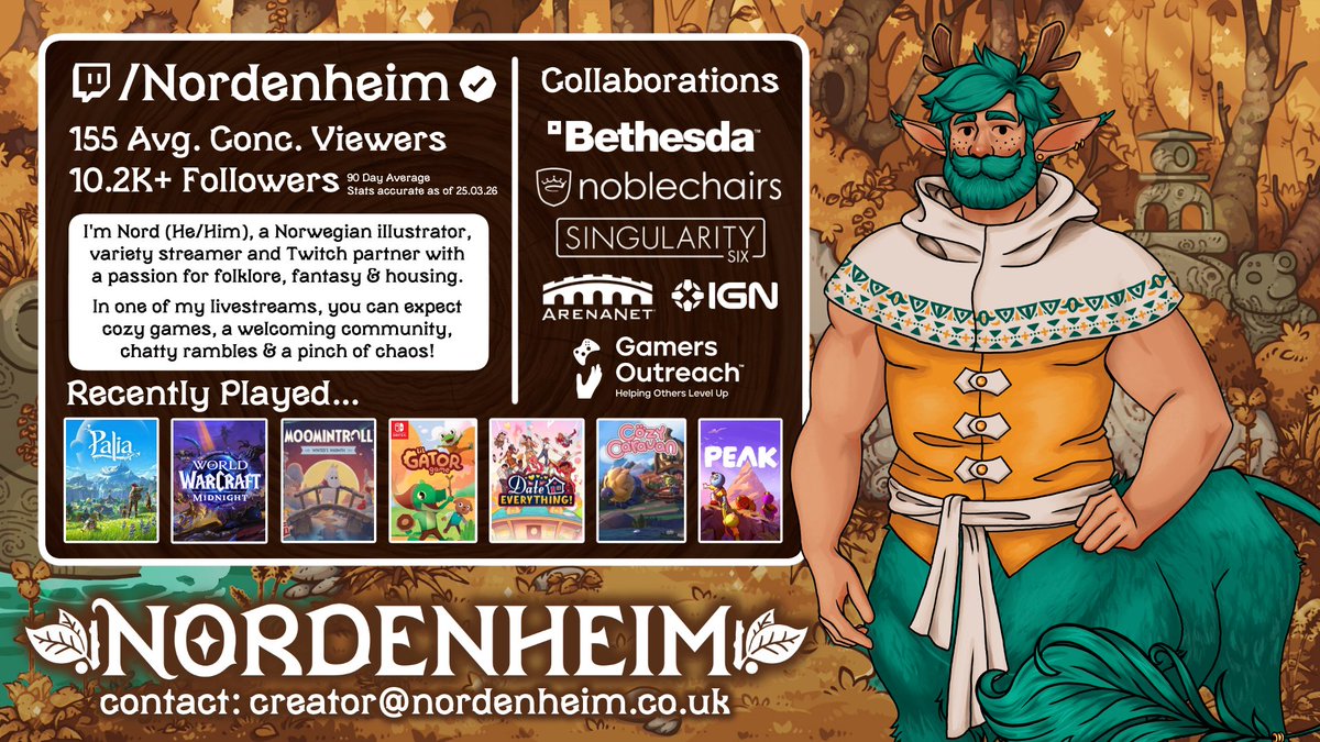 Time to update the pitch deck!

✨Hei hei, I'm Nord!✨

I’m a partnered twitch streamer who loves fantasy, folklore, MMORPGs &amp; indie games!

I'm open to new opportunities, if you'd like to work with me, pop an email my way!

🍄 twitch.tv/nordenheim
💌 creator@nordenheim.co.uk