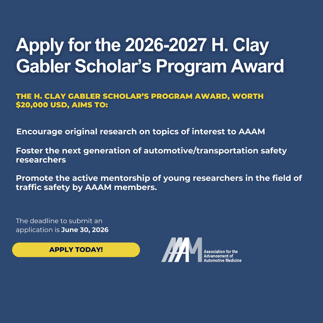 AAAMFeed's tweet photo. ⏰ Reminder: Apply by June 30!

The $20,000 H. Clay Gabler Scholar’s Program Award supports student research in automotive medicine &amp; traffic safety.

Don’t miss your chance—apply today: https://t.co/y5CBKuB7l3

#AAAM #RoadSafety #Research https://t.co/rkP1Dl0ygt
