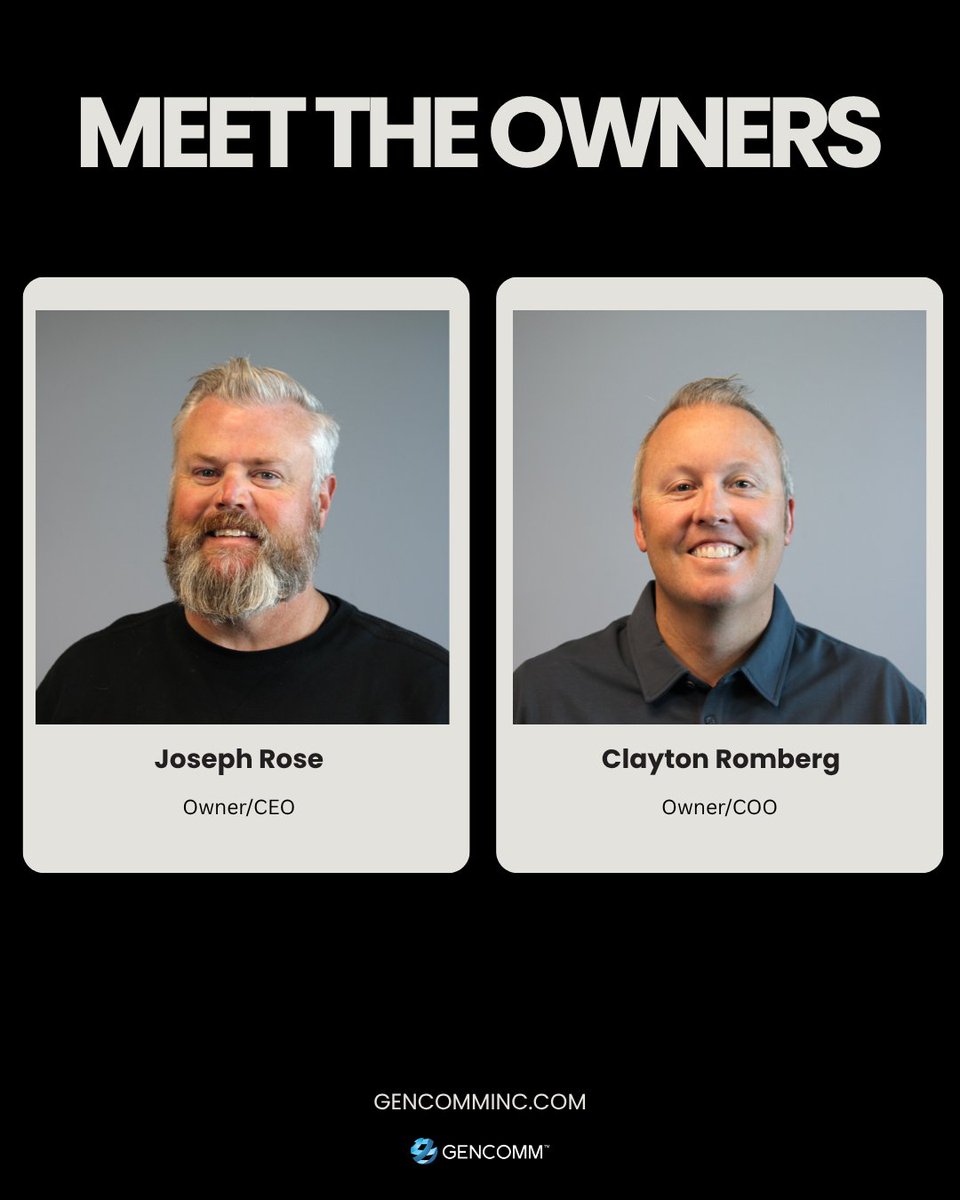 GenCommHQ's tweet photo. Meet the leadership behind it all.  As co-owners, they bring together years of experience across IT, networking, sales, and business development—combining technical expertise with a strong understanding of people and relationships.  #leadership #businessowners  #GENCOMM https://t.co/hIydF4w2Jo