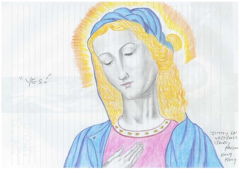 SupportJimmyLai's tweet image. On this Feast of the Annunciation, Christians celebrate Mary's wholehearted embrace of God's will. The angel Gabriel counseled her not to be afraid—words that Jimmy Lai lives by. 

This drawing, which Jimmy created in prison, expresses his love for Mary and his trust in Divine