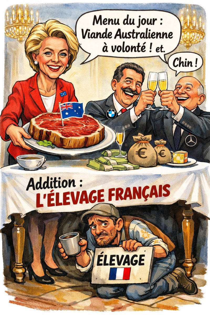 LaTeamFrExit's tweet photo. 🚨 ILS TRINQUENT… ET VOUS PAYEZ 
Sur cette image, tout est résumé :
🥩 Viande australienne à volonté
🚗 Exportations de voitures de luxe favorisées
💰 Les industriels trinquent…
🇫🇷 L’élevage français paie l’addition.
Ce n’est pas une caricature.
C’est une réalité politique. https://t.co/eIRXkFK5TK