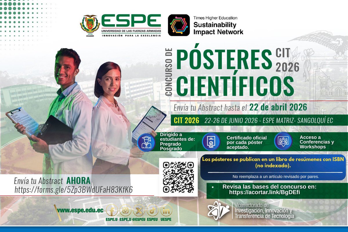 Investigaespe's tweet photo. Tu investigación no nació para quedarse en Word, nació para brillar. 🔥
Súmate al Concurso de Pósteres Científicos CIT 2026 y muestra tu trabajo de forma pro, creativa e impactante.

📣 Si eres estudiante de pregrado o posgrado, esta es tu oportunidad para destacar
📅 Tienes hasta el 22 de abril de 2026 para enviar tu abstract
🎓 Recibe certificado oficial
🚀 Accede a conferencias y workshops

Haz que tu idea se vea, se comparta y deje huella.
Es tu momento de poner tu investigación en el mapa.

#CIT2026 #PosterCientifico #ESPEInvestiga