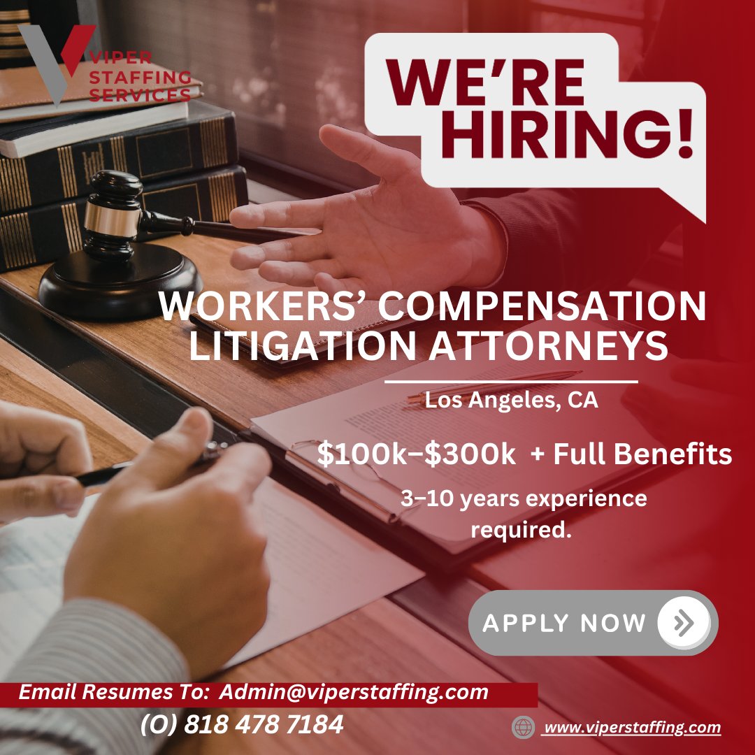 ViperStaffing's tweet image. Hiring: Workers’ Compensation Litigation Attorneys (Onsite or Remote). 

📞 818-478-7184 |
🔗 Visit: viperstaffing.com

📩 Email your resume: admin@viperstaffing.com

#WorkersCompAttorney #LitigationJobs #LegalCareers #AttorneyHiring