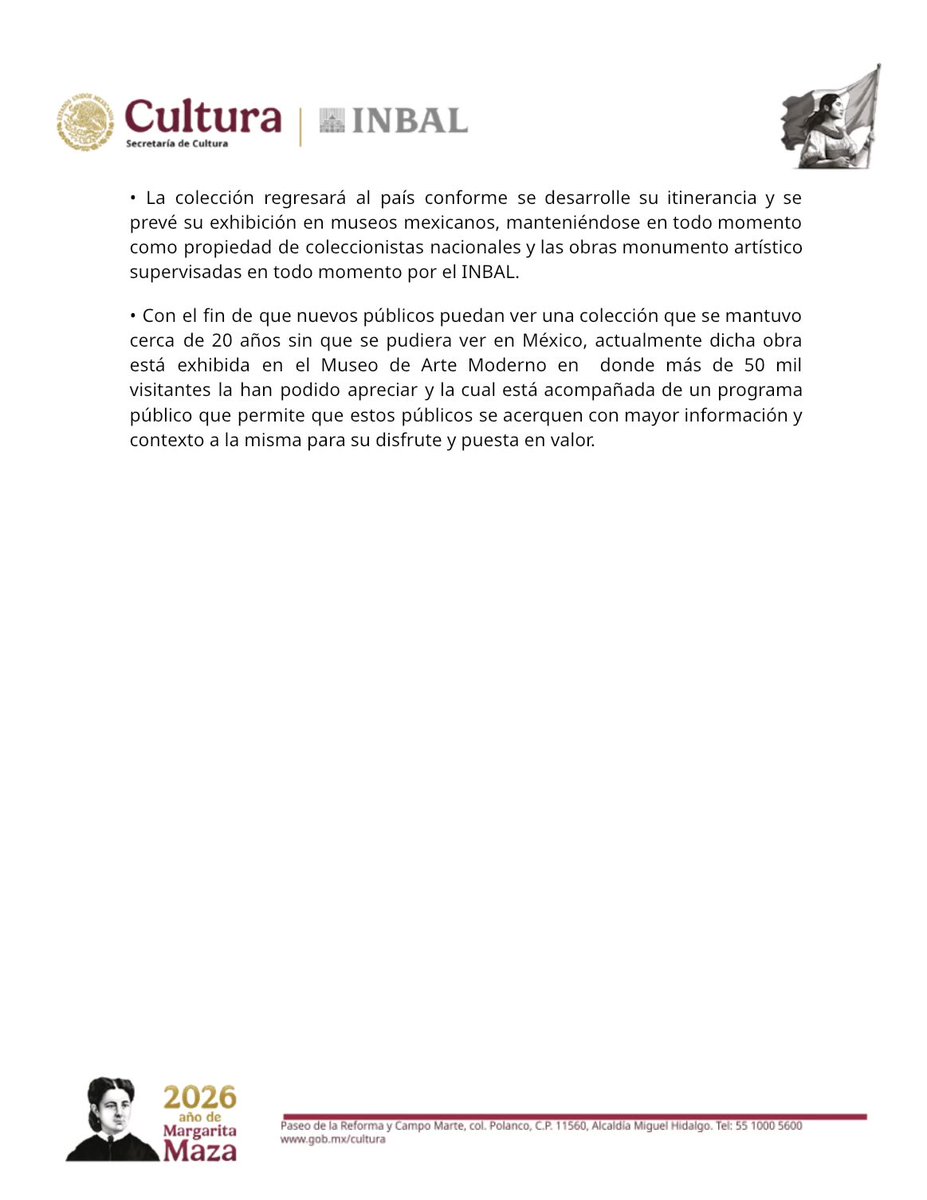 #INBALInforma: La Colección Gelman, de carácter privado, pertenece a coleccionistas mexicanos y se resguarda en el país. Las obras con declaratoria de Monumento Artístico están registradas y bajo supervisión del INBAL, garantizando su protección. Su itinerancia internacional es