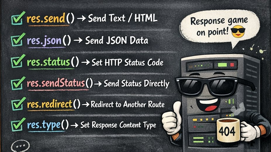 priya_jha86717's tweet photo. res.send() → Send text / HTML
 res.json() → Send JSON data
 res.status() → Set HTTP status code
 res.sendStatus() → Send status directly
res.redirect() → Redirect to another route
res.type() → Set response content type https://t.co/FXlk431uAn