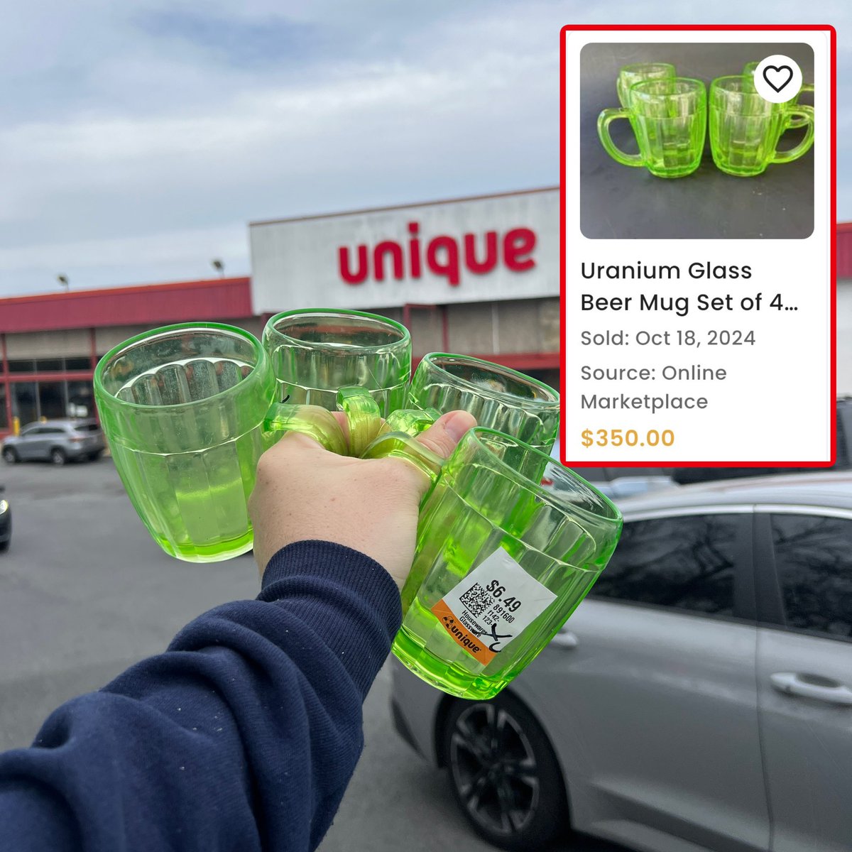 OverTheYearsDC's tweet photo. Sometimes it’s not about filling your cart at the thrift store. It only takes one item, $6 and a strong hand to make it a good day! #reselling #thriftstore #uraniumglass #thirftstorefinds #resellingcommunity https://t.co/Qpf97yzaXD