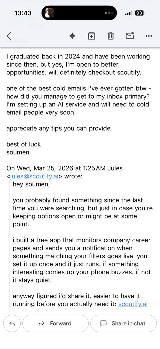 devlemee's tweet photo. 'one of the best cold emails I've ever gotten' 

\ (•◡•) / https://t.co/bwggFrBYWD