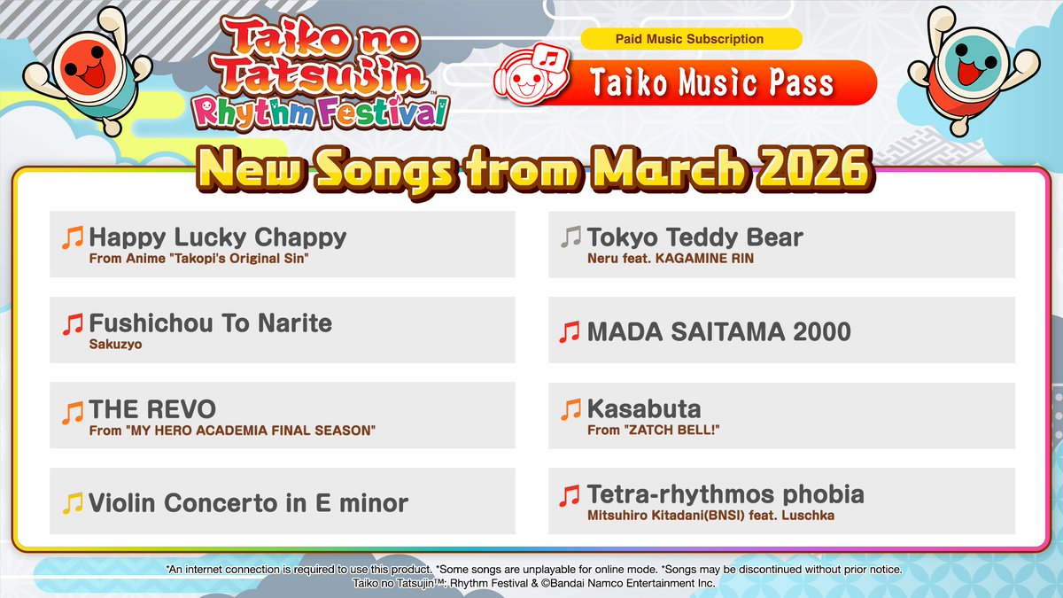 taiko_en's tweet photo. Did you see the Taiko Music Pass update for March? ☘️ Lucky you!

Which song are you playing first in #TaikonoTatsujin Rhythm Festival? https://t.co/YwJxLatPx2