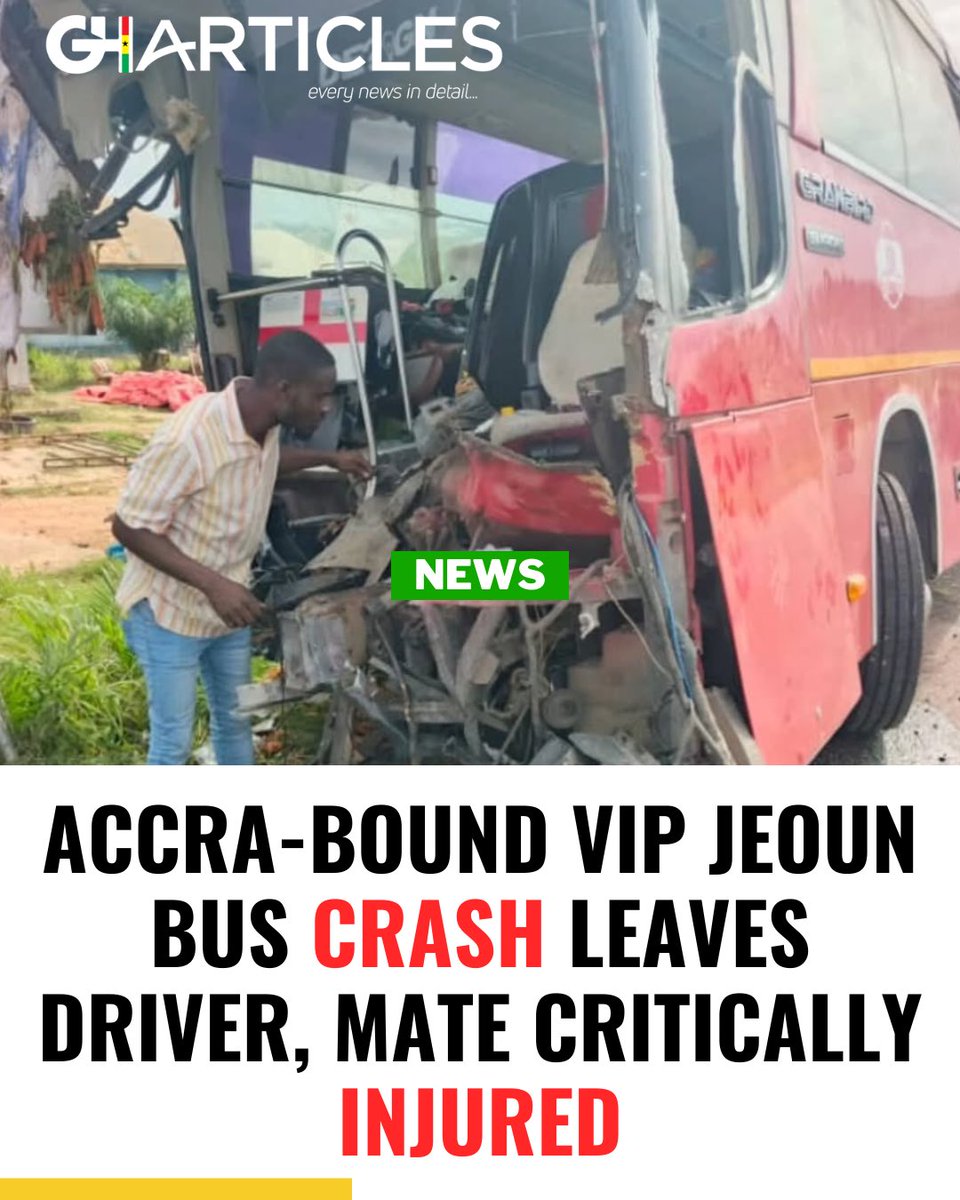 bigishew's tweet photo. Accra-Bound VIP Jeoun Bus Crash Leaves Driver, Mate Critically Injured

The driver and mate of an Accra-bound VIP Jeoun bus are in critical condition following a head-on collision with a truck transporting carrots in the early hours of today.

The accident reportedly occurred during the early morning hours, leaving both vehicles severely damaged. 

Emergency responders rushed to the scene and transported the injured victims to a nearby medical facility for urgent treatment.

Authorities are yet to determine the exact cause of the crash, as investigations are currently underway. 

Meanwhile, road users have been urged to exercise caution, especially during early morning travel.