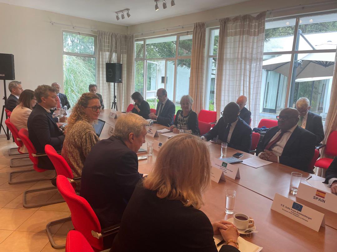 EUtoAU's tweet photo. 🇪🇺 EU Ambassadors hosted @_AfricanUnion chair chief of staff @souefmo_elamine in a very good &amp; constructive discussion with multilateralism, peace &amp; security and climate action as important priorities! #TeamEurope #AUEU #partnership https://t.co/Pg88Od7tfz