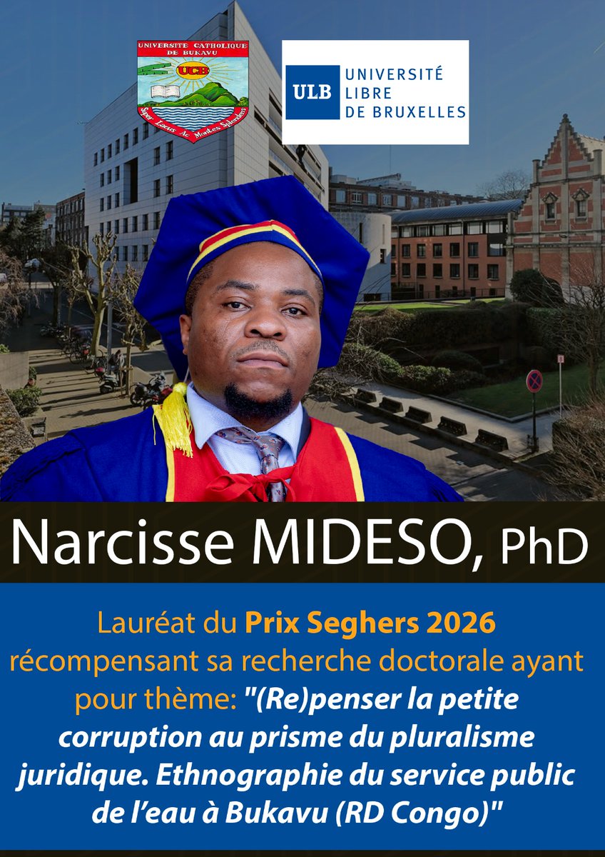 ucbukavu's tweet image. Félicitations au Dr Narcisse Midesso ! 🏆
​L’UCB est fière d’annoncer que le Dr Midesso est lauréat du Prix Seghers 2026 de la Faculté de Droit de l’@ULBruxelles (ex aequo).
​Sa thèse sur le service de l’eau à #Bukavu couronne l'excellence scientifique au service de la société.