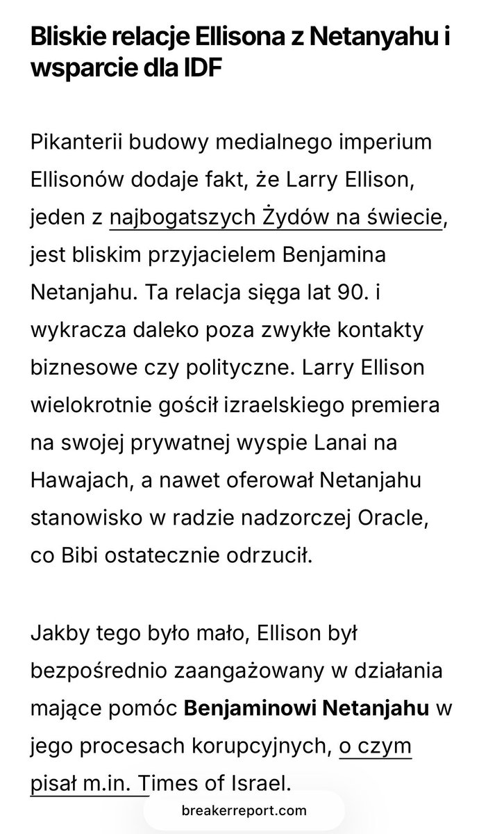 RealMikeBreaker's tweet photo. @RadioZET_NEWS Rodzina Ellisonow, bo to właśnie oni przejmują TVN, ma bliskie relacje z Netanjahu i Trumpem. Larry nie kryje przyjaźni z Bibim, finansuje także izraelską armię. https://t.co/E0D8FEEP4a https://t.co/k70lVx4mLH
