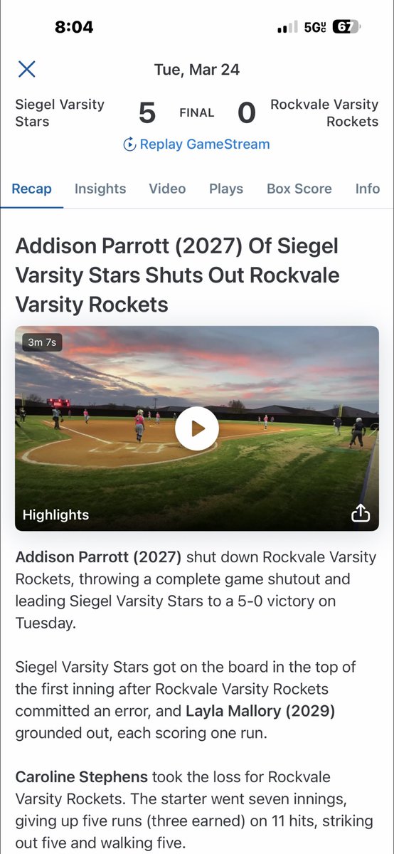 AddisonfParrott's tweet photo. Last night was our first district game! I pitched all 7 innings only allowing 1 hit. we finished the game 5-0! today we play Columbia Central hopefully continuing our winning streak. https://t.co/JCSYgUHpTa
