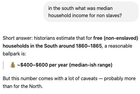 philipkd's tweet photo. Oh, look at me using MHI to estimate how much it cost to buy your way out of the Civil War. I didn't have to rely on some collective, opaque inflation adjustment that took a basket-of-goods from the 1860s and compare them to today. https://t.co/rkd0CDYBTu