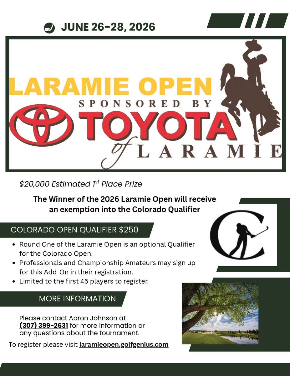 Brian___H's tweet photo. Big things happening in Wyoming golf ⛳️

2026 Laramie Open
💰 $20K to the winner
🏆 Winner earns exemption into 2026 Colorado Open
🎯 Optional Day 1 qualifier → up to 5 Colorado Open spots

👉 https://t.co/ZzmGi22Yxd https://t.co/KyB7FaOdUL