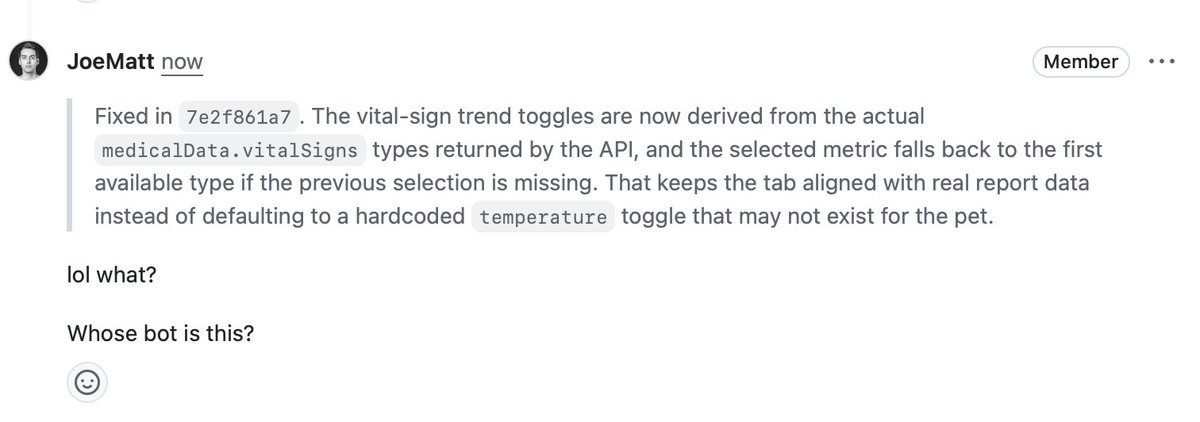 provenanceapp's tweet image. A.I. code review bots are officially hallucinating in the wild.

Second time this week I’ve received a “review” for a commit that doesn’t exist… tied to a repo I don’t own… about medical research I’ve never touched.

Provenance is an iOS emulator. Not a🩻.

#llm #ai #github