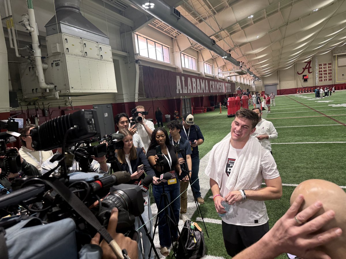 Ty Simpson greets the local reporters at pro day. He said he feels “healthy as an ox.”