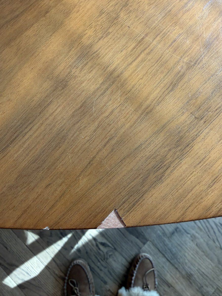 UKKitty84's tweet photo. @westelm - bought your mid century dining table last October.  Noticed a huge chip out of it yesterday and your customer service department is refusing to do anything about it. Could not be more disappointed with the quality of your furniture. https://t.co/4Pf9hC9TTq