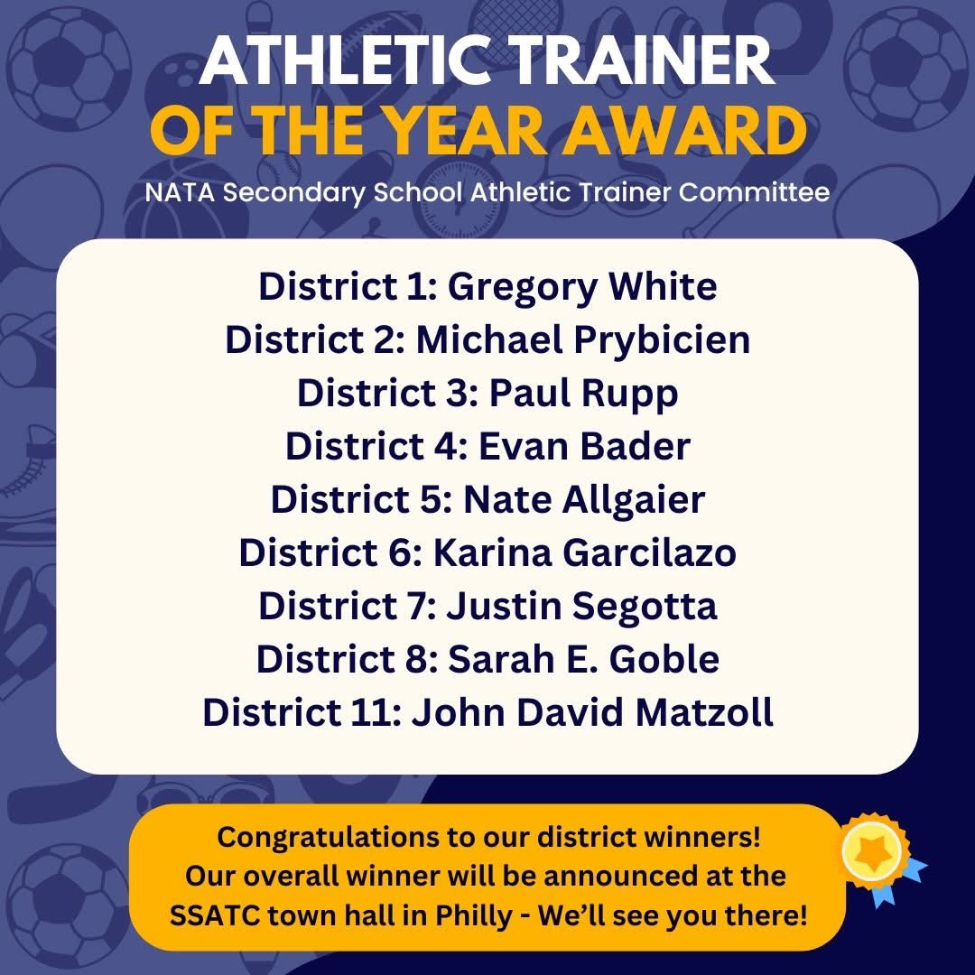 BaderEvan's tweet photo. Excited to be named NATA SSAT District 4 Athletic Trainer of the Year.
Grateful to work in the secondary school setting and thankful for the mentors, coworkers, and athletes who made this possible. #AT4ALL

@OhioATA @GLATA_CECAT @NATA_SSATC @NATA1950 https://t.co/4aPSQ7QzlJ