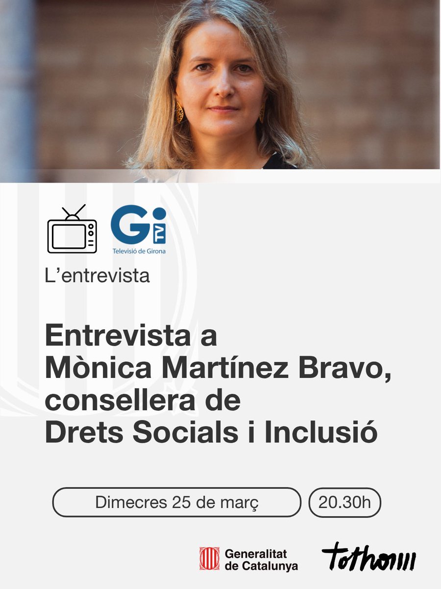 dsocialscat's tweet image. 📺 A partir de les 20:30h a @tvgirona pots seguir l'entrevista a la #consellera @monicambravo a “L’entrevista”.

🔗 En directe aquí: tvgirona.com/tv-en-directe/

#ElGovernDeTothom