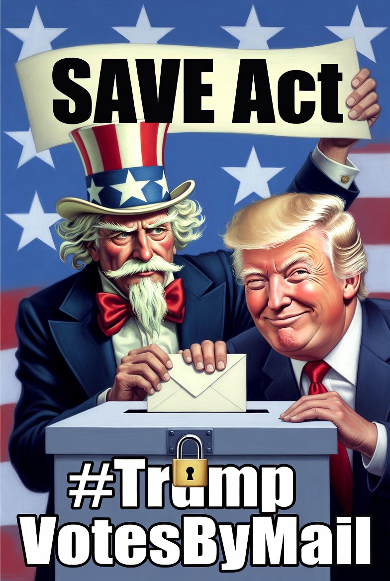 realTuckFrumper's tweet photo. Uncle Sam proudly waving the giant “SAVE Act” banner: “This will PROTECT our elections!”  Trump right beside him, winking as he sneaks his own mail-in ballot into the box.  

Even the guy pushing the bill doesn’t follow his own rules.  

#TrumpVotesByMail https://t.co/4JCUiwMoqE