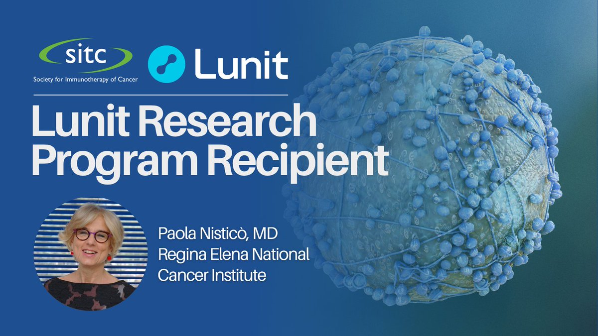sitcancer's tweet photo. Congratulations to Dr. Paola Nisticò, recipient of the SITC–@Lunit_AI Research Program. Her research will explore predictive factors in stage II–III NSCLC using Lunit SCOPE IO–derived immune features and multi-omic data to advance neoadjuvant chemo-immunotherapy. #NSCLC https://t.co/UCPmKMSJ9V