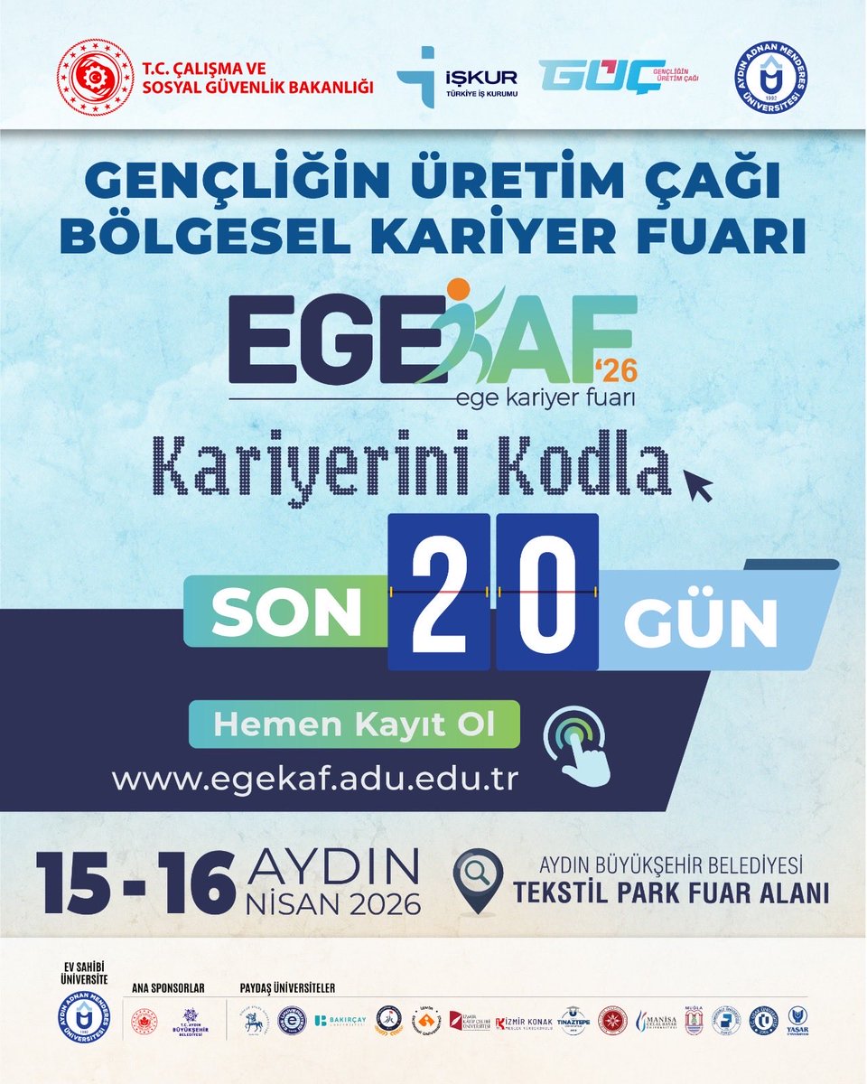 #egekaf #egekaf2026'ya hazırız. Rektörümüz Sn. Prof. Dr. <a href="/_BulentKent_/">Bülent KENT, Prof. Dr.</a> <a href="/csgbakanligi/">T.C. Çalışma ve Sosyal Güvenlik Bakanlığı</a> 🇹🇷 Bakanımız Sn. <a href="/isikhanvedat/">Prof. Dr. Vedat Işıkhan</a> Sn. Prof. Dr. <a href="/cemal_iyem/">Prof.Dr.Cemal İYEM</a> Sn. Prof. Dr. <a href="/bertanakyol/">Bertan AKYOL, Prof. Dr.</a> #adü #aydın #kariyer #ege <a href="/iletisim/">T.C. İletişim Başkanlığı</a> <a href="/YuksekogretimK/">Yükseköğretim Kurulu (YÖK)</a> #TürkiyeYüzyılı <a href="/AydinBuyuksehir/">Aydın Büyükşehir Belediyesi</a> Sn. <a href="/OZLEM_CERCIOGLU/">Özlem ÇERÇİOĞLU</a> 🇹🇷🇹🇷