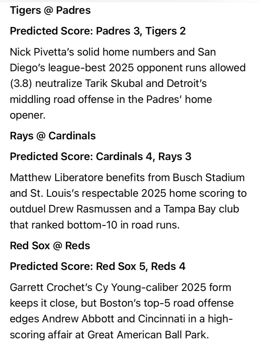 ViaVeronaLA's tweet photo. 🔮⚾️#MLB
THURSDAY March 26 2026:

Mariners 4, Guardians 3

Dodgers 5, Diamondbacks 3

Phillies 4, Rangers 2
Padres 3, Tigers 2
Cardinals 4, Rays 3
Red Sox 5, Reds 4
Angels 4, Astros 3

Orioles 5, Twins 3
Mets 4, Pirates 2

Cubs 5, Nationals 3
Brewers 4, White Sox 2 https://t.co/3fb3yf3qLG