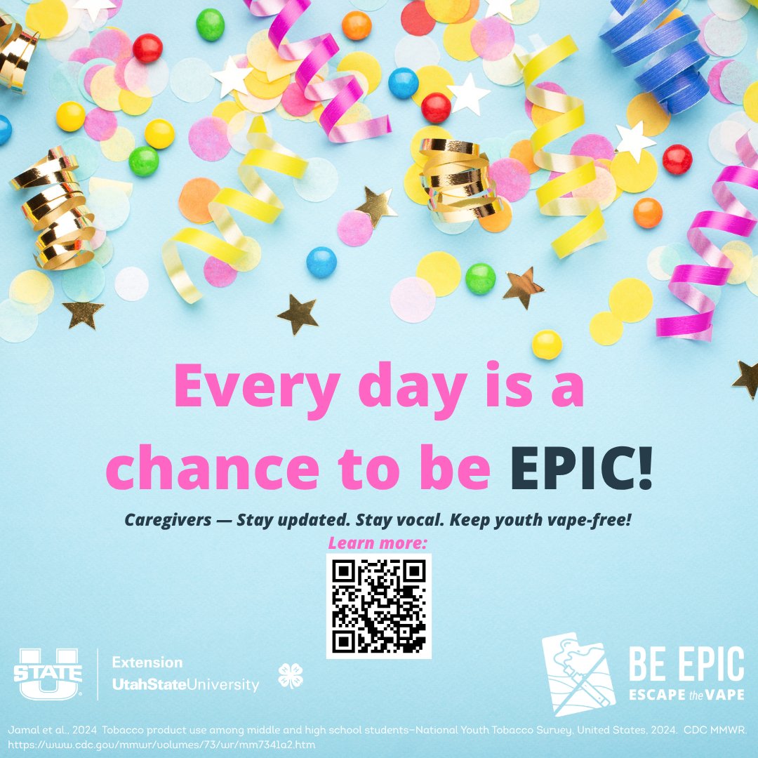 usuHEART's tweet photo. 💫 Every day is a chance to be EPIC! 🤩 National youth vaping rates in 2024 were at their lowest in a decade — let's keep the movement going! ✨

⭐️ Caregivers can be their teen’s most trusted source of truth.
⭐️Learn more🔗 https://t.co/0xsfqOgqel https://t.co/iOmORYO36I